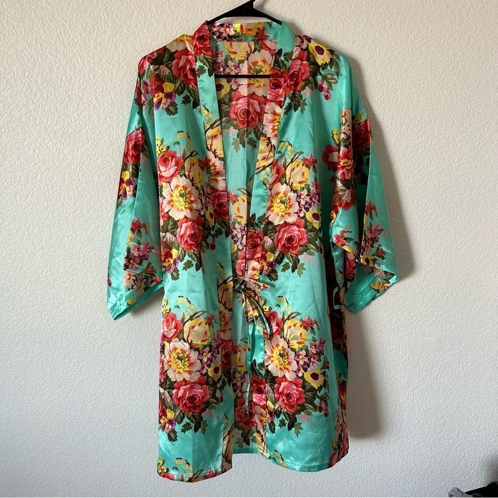 Floral Satin Kimono Maid of Honor, Wedding Robe - Multicolor